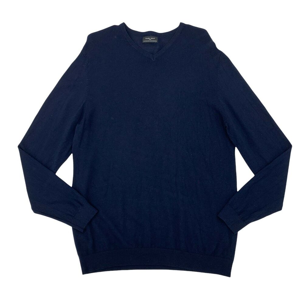 Zara Man Light Sweater Men's Size L Navy Blue Cotton V-Neck Pullover Long Sleeve